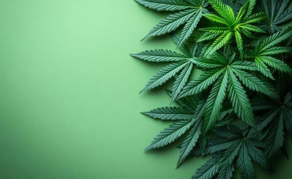 Home green background with cannabis leaves multiple vibrant cannabis leaves spread out on a soft green background showcasing their unique shapes and varying shades of green photo
